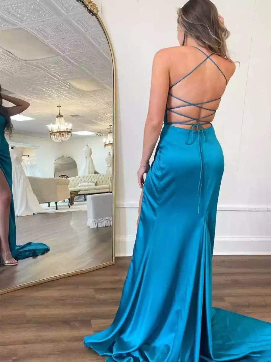 Elegant tight satin thin shoulder straps with sleeveless pleats and slit straps at the collar, Prom Dresses at the back